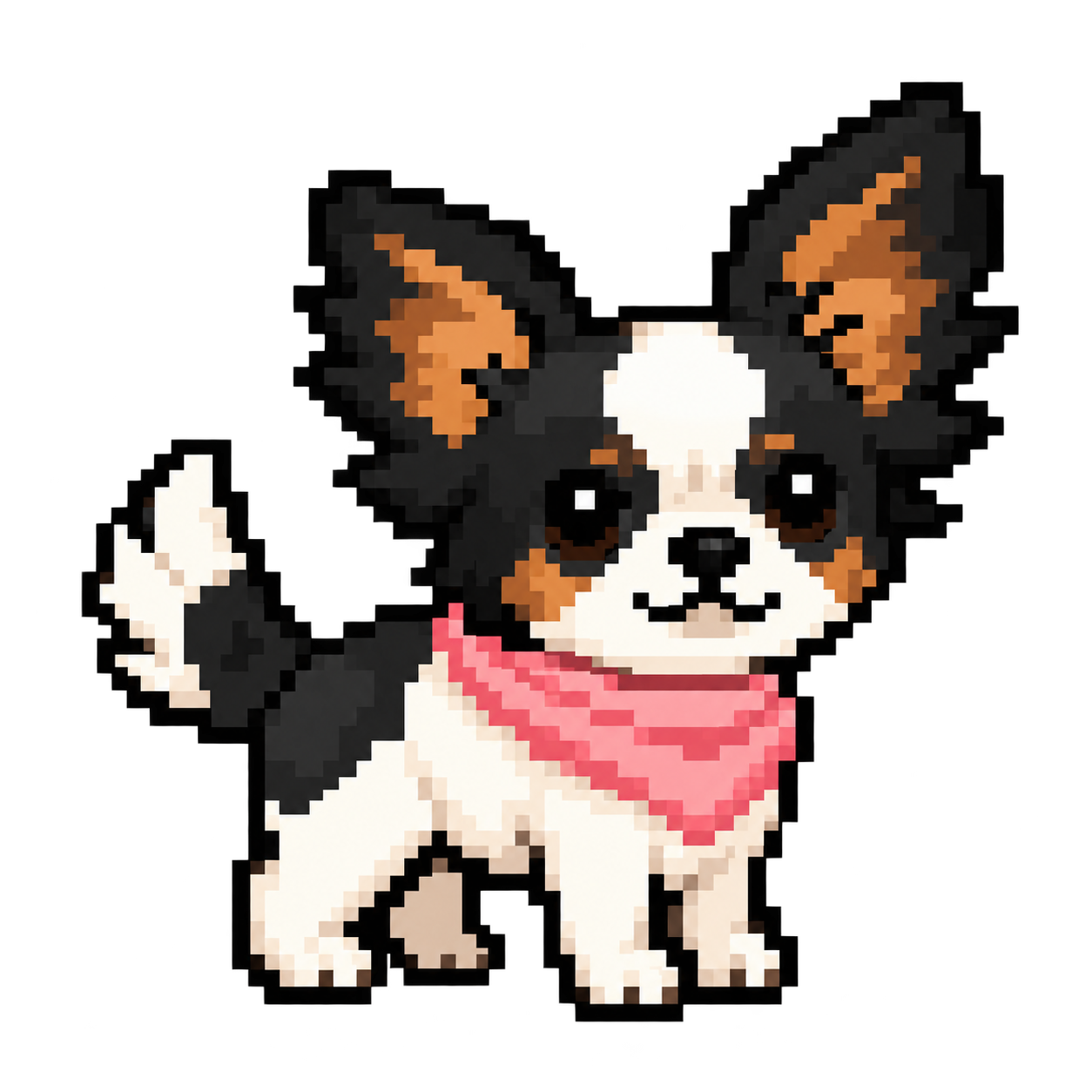Lucy, a curious tricolor pixel-art dog with big ears and a pink bandana.